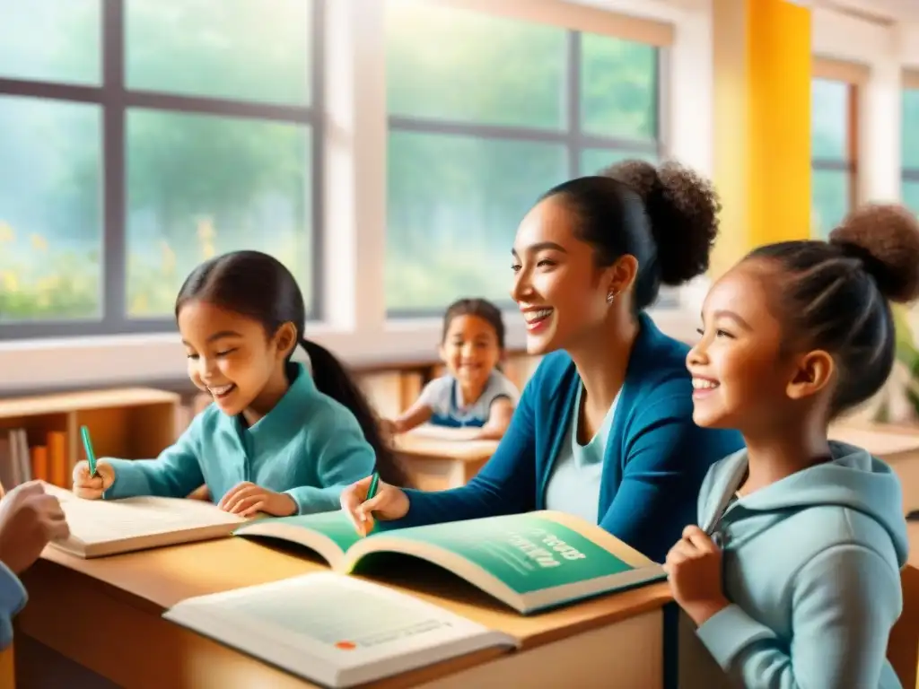 Vibrante aula con estudiantes diversos participando en intercambio de idiomas