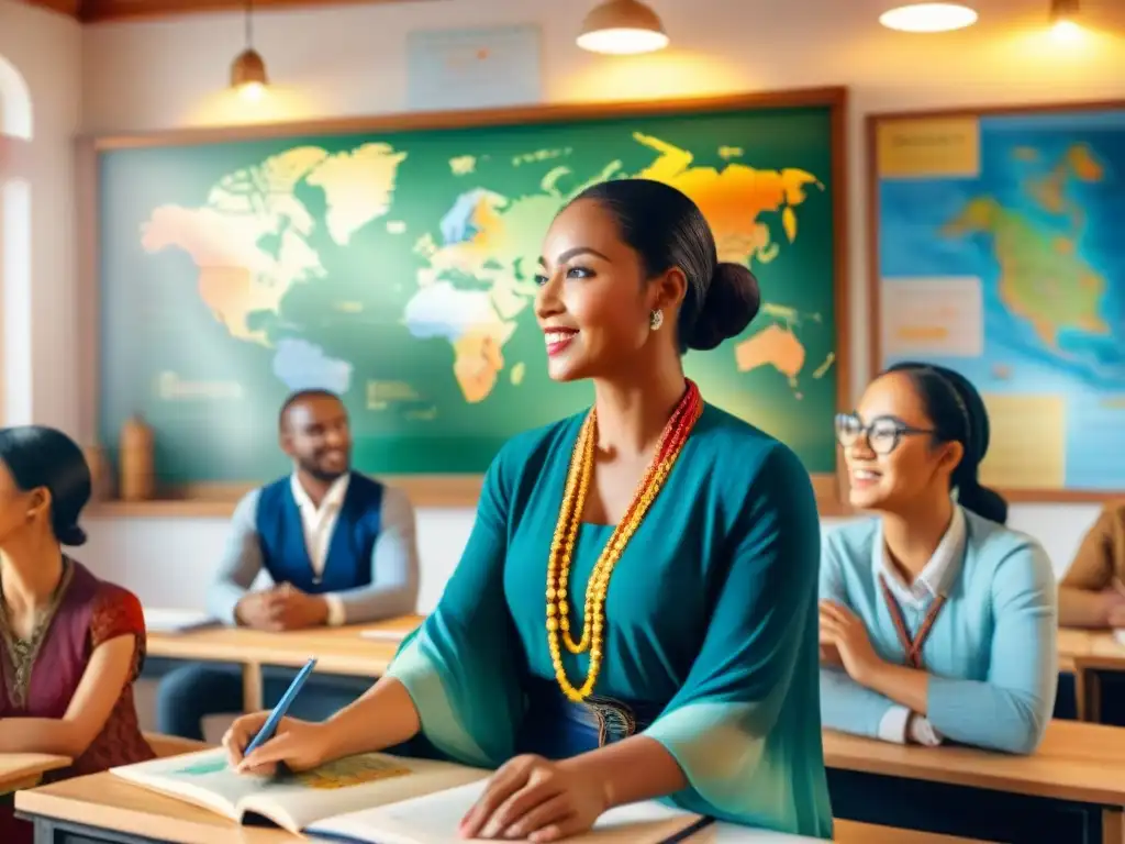 Una ilustración acuarela vibrante de un aula de idiomas cultural: diversidad, entusiasmo y aprendizaje inmersivo