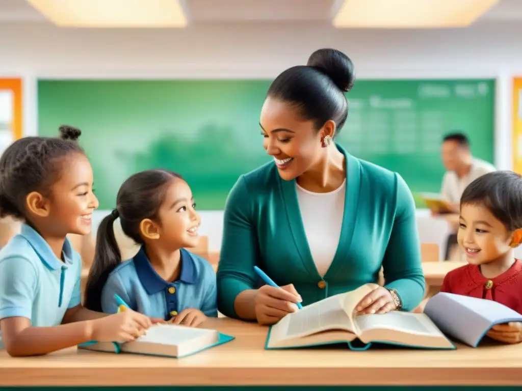 Un vibrante aula llena de diversidad, donde personas de distintas edades y etnias disfrutan juntas de actividades para aprender idiomas y culturas