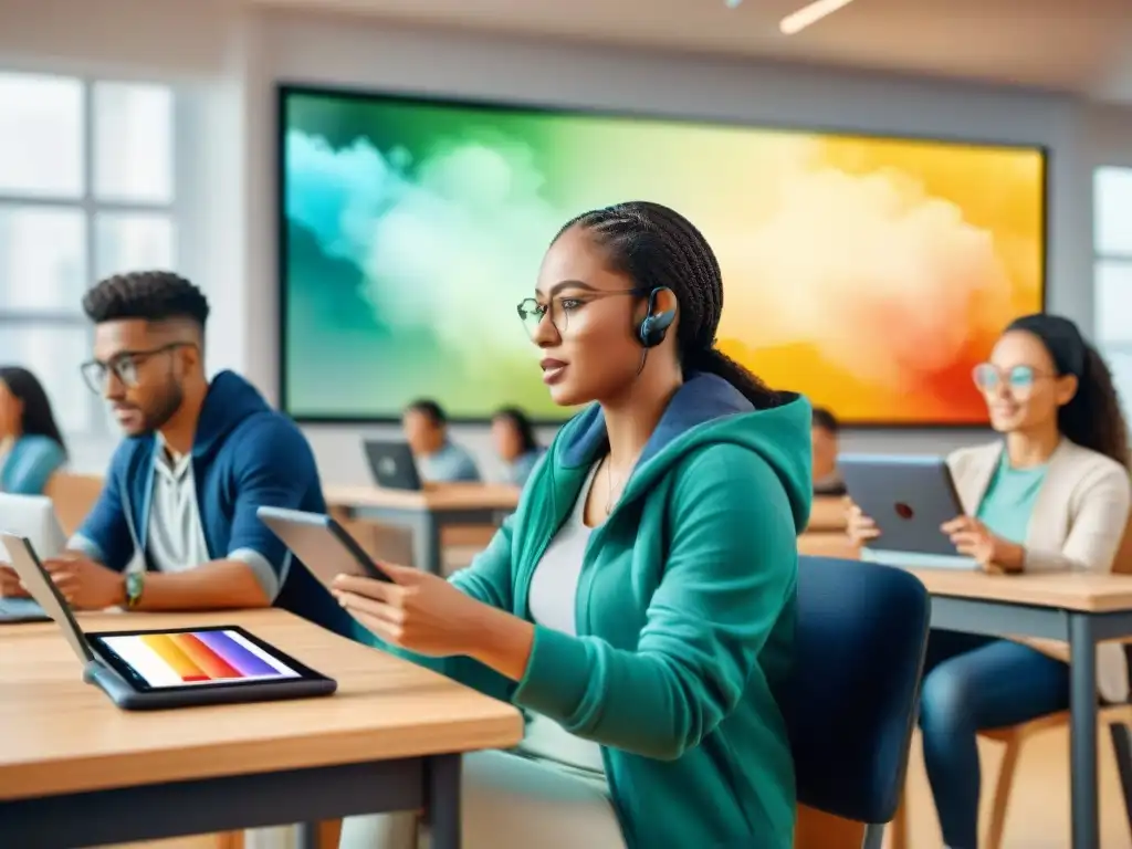 Vibrante aula moderna con estudiantes usando software educativo para idiomas escolar en tablets y laptops