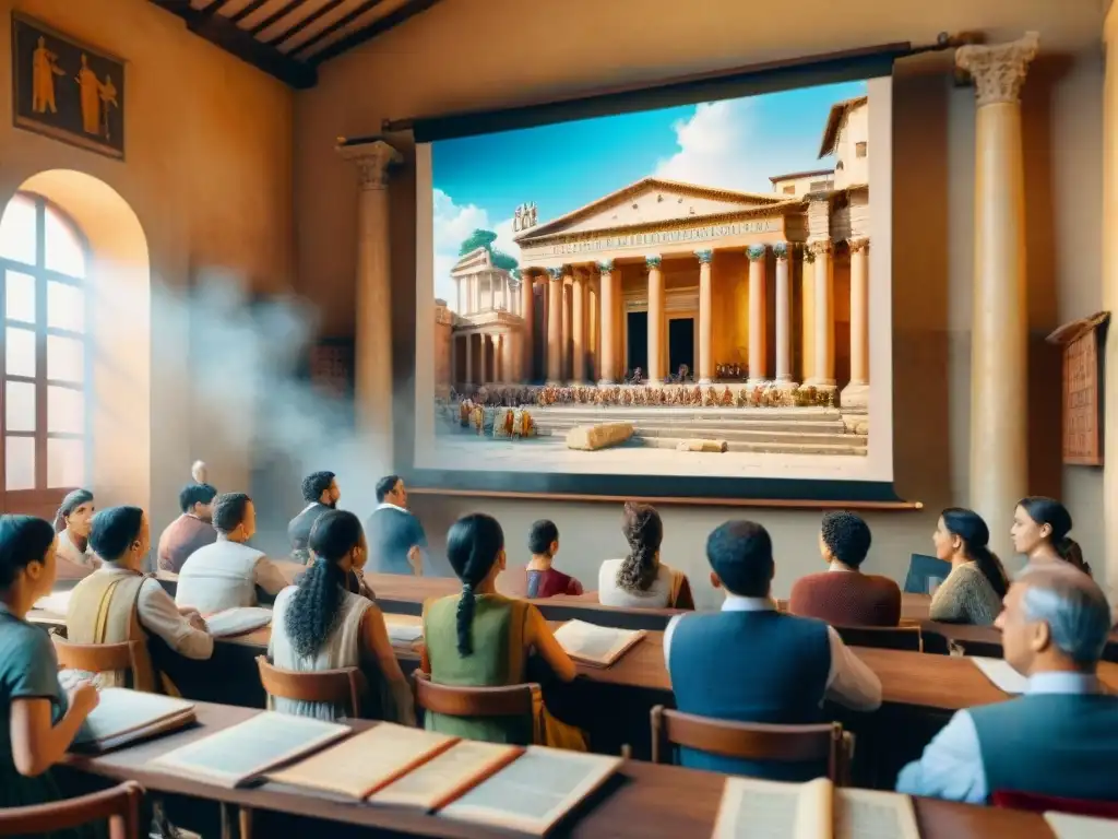 Vibrante aula romana: enseñanza de lenguas antiguas cine con alumnos diversos disfrutando de un filme clásico romano