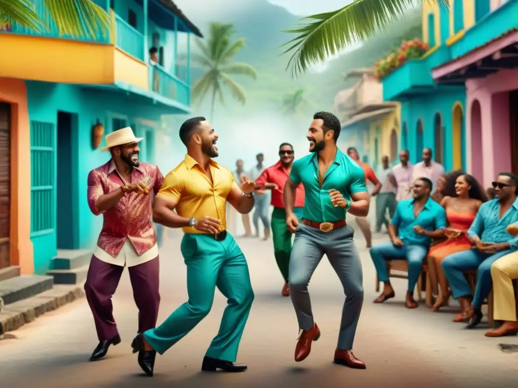 Una ilustración acuarela vibrante de una banda de salsa en el Caribe