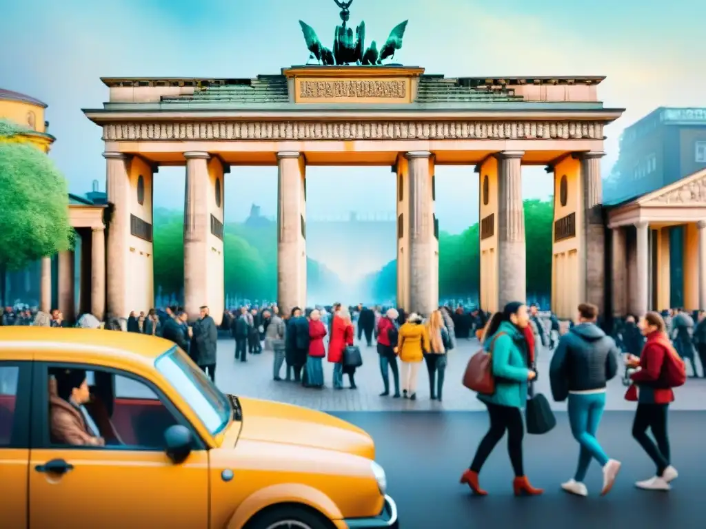 Vibrante ilustración de una bulliciosa calle de Berlín con estudiantes de diversos orígenes disfrutando de la ciudad