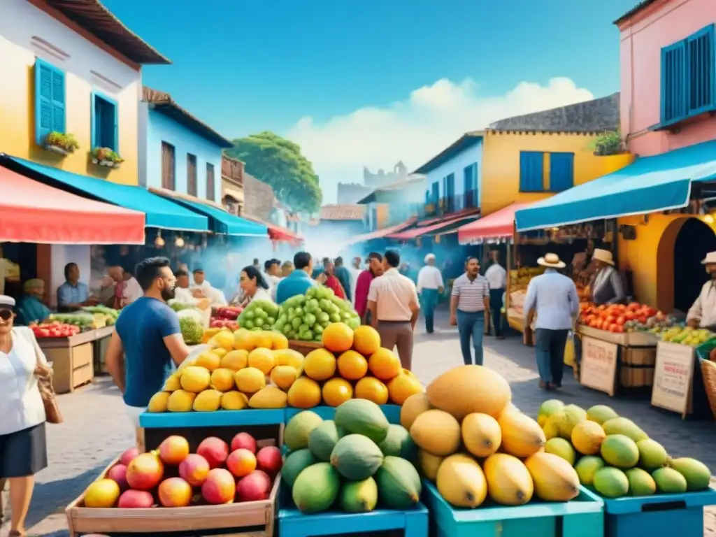 Ilustración acuarela vibrante de un bullicioso mercado al aire libre en una ciudad latinoamericana, con locales diversos usando expresiones coloridas