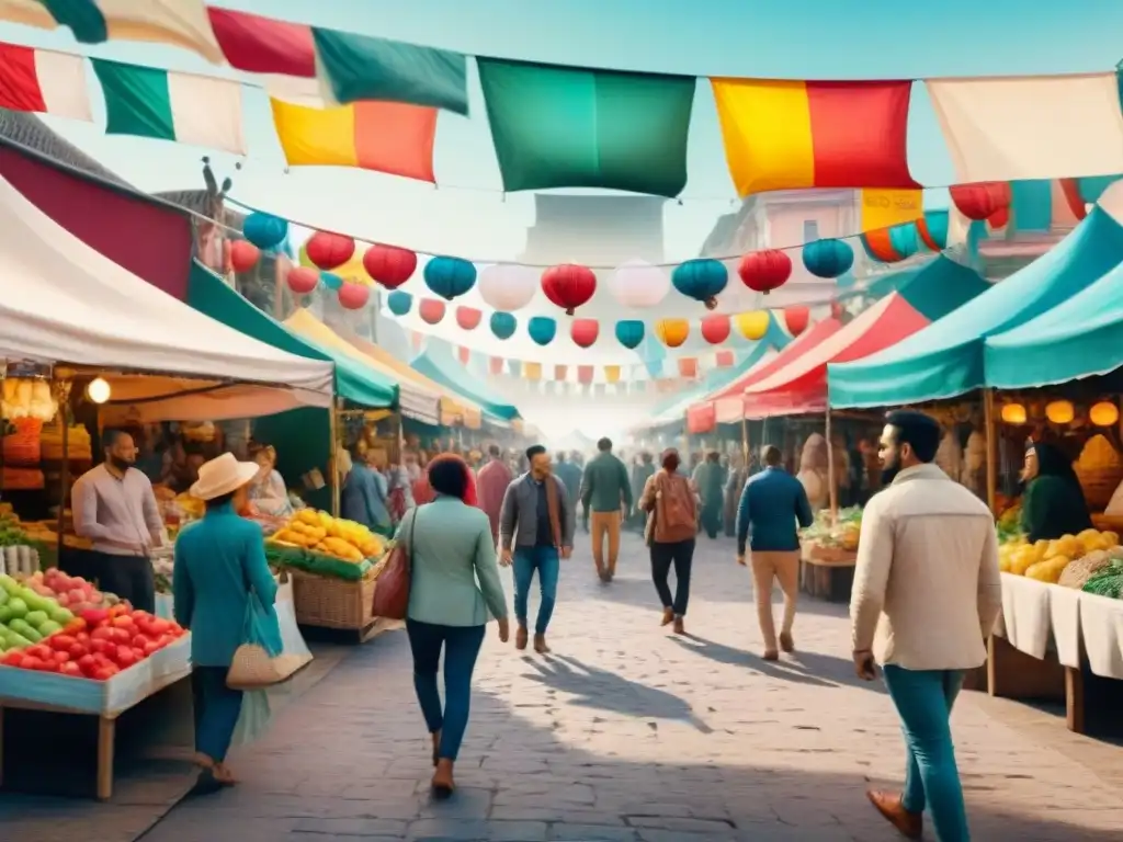 Vibrante ilustración acuarela de un bullicioso mercado multicultural con celebración diversidad lingüística alrededor