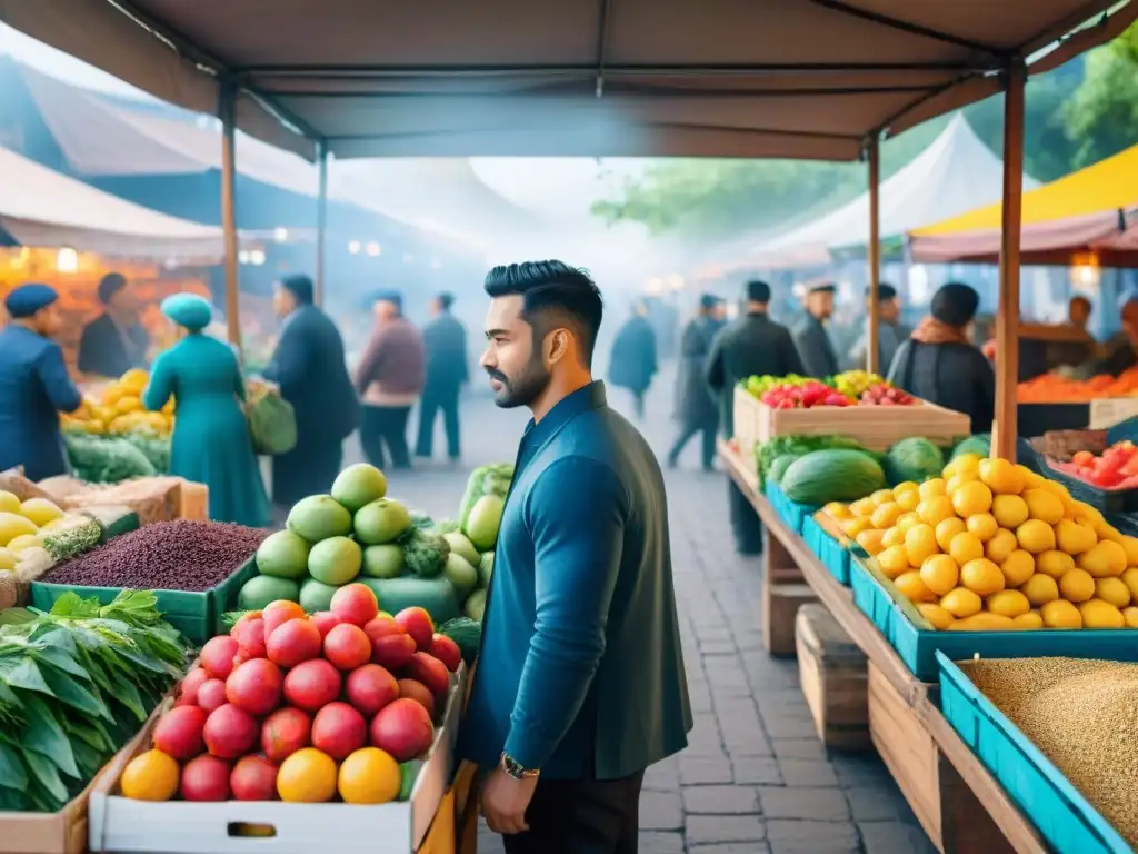 Ilustración acuarela vibrante de un bullicioso mercado multicultural, con vendedores de diferentes culturas y productos