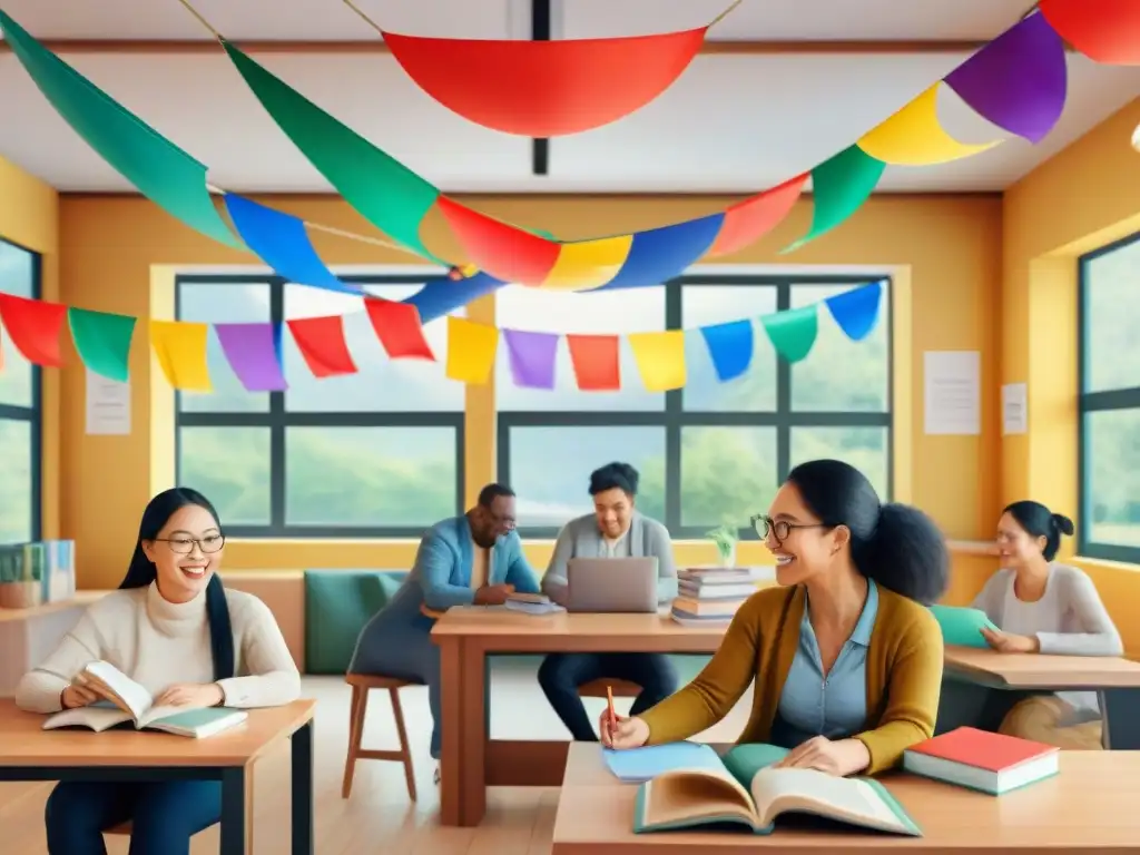 Un vibrante centro de aprendizaje de idiomas con gente de diversas edades y etnias estudiando y practicando lenguas