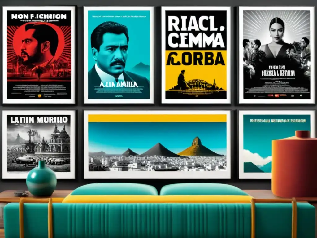 Un vibrante collage de icónicos pósters de cine latinoamericano de diversas épocas y estilos, representando las ricas lenguas y culturas de la región