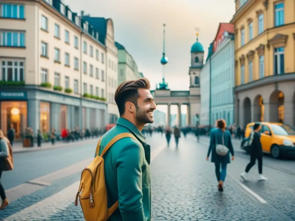 Un vibrante cuadro acuarela de una calle en Berlín, con escuelas de idiomas y estudiantes internacionales riendo y practicando idiomas