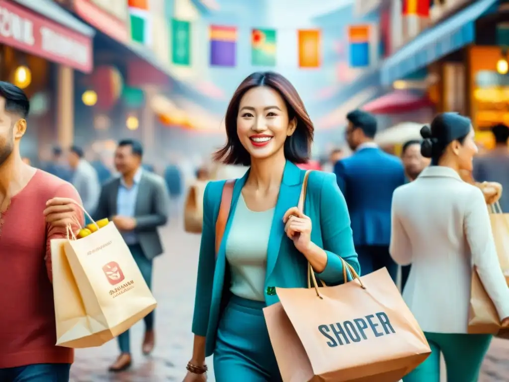 Un vibrante cuadro de acuarela con compradores internacionales sonrientes en un mercado multilingüe