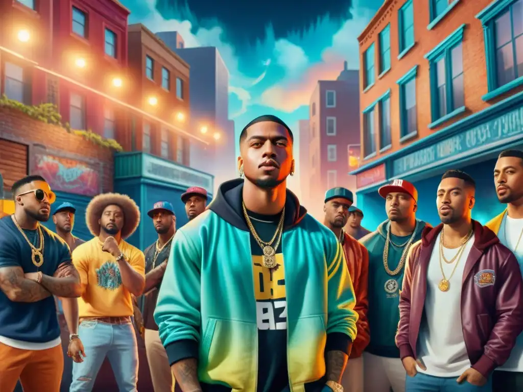 Batalla de rap urbano: diversidad y pasión Un vibrante cuadro acuarela detallado de jóvenes urbanos en batalla de rap bajo luces de ciudad