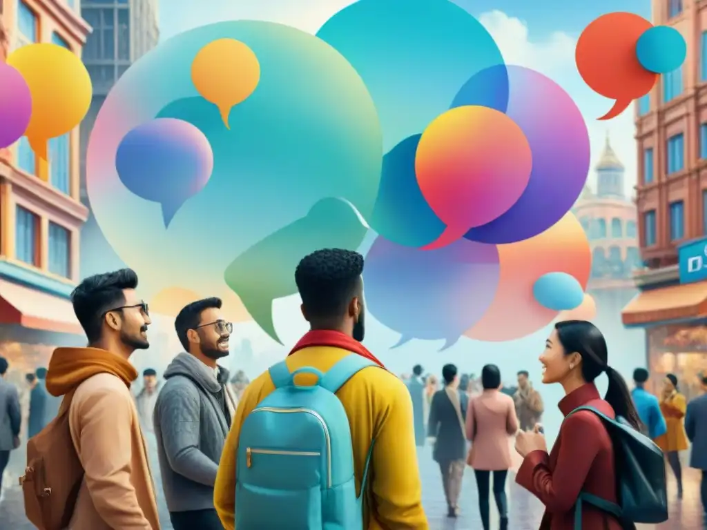 Conversaciones multiculturales en una ciudad futurista Un vibrante cuadro acuarela muestra la diversidad cultural en un futuro multilingüe y armonioso en la ciudad