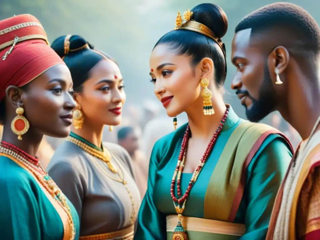 Un vibrante cuadro acuarela que destaca la diversidad cultural y la importancia de la comunicación no verbal