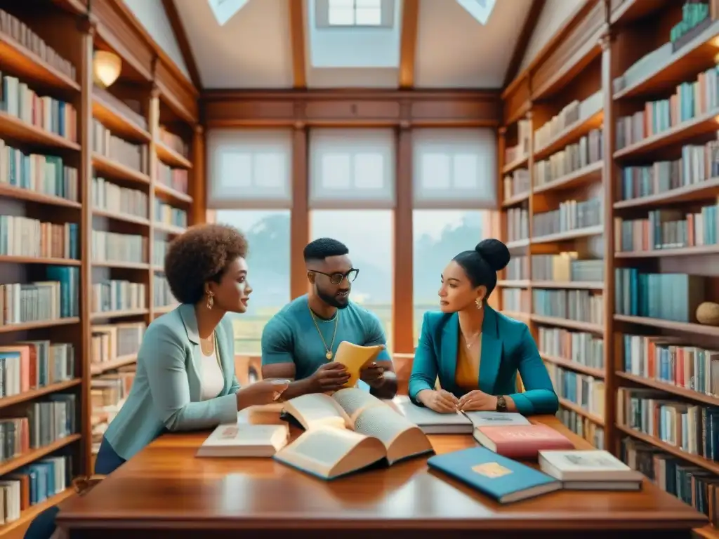 Un vibrante cuadro acuarela de diversidad cultural en una animada discusión rodeados de libros, en una biblioteca detallada