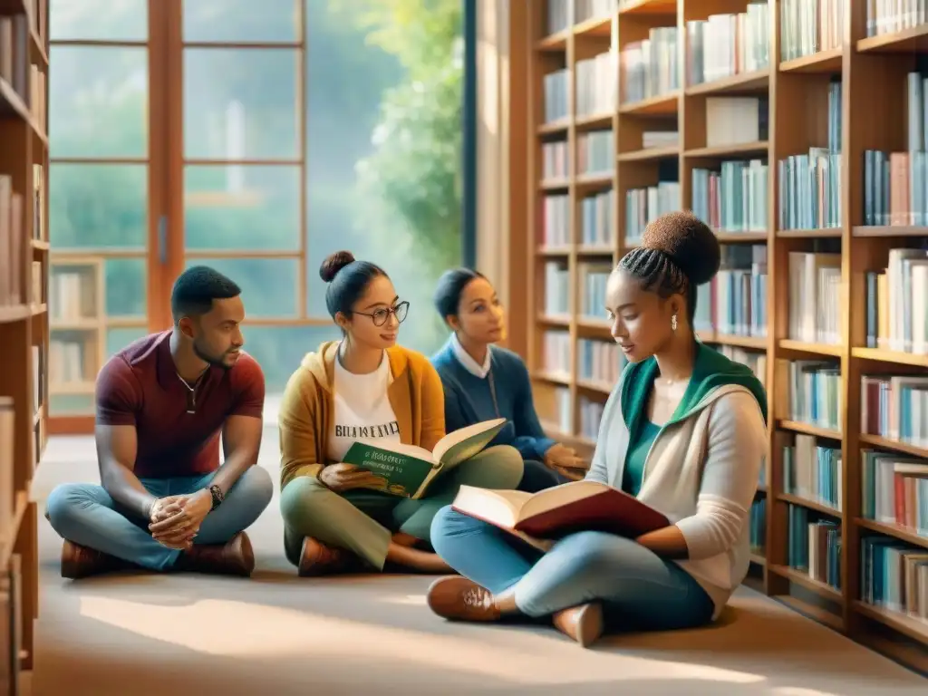 Un vibrante cuadro de acuarela con estudiantes de idiomas en una biblioteca, rodeados de libros en diversos idiomas