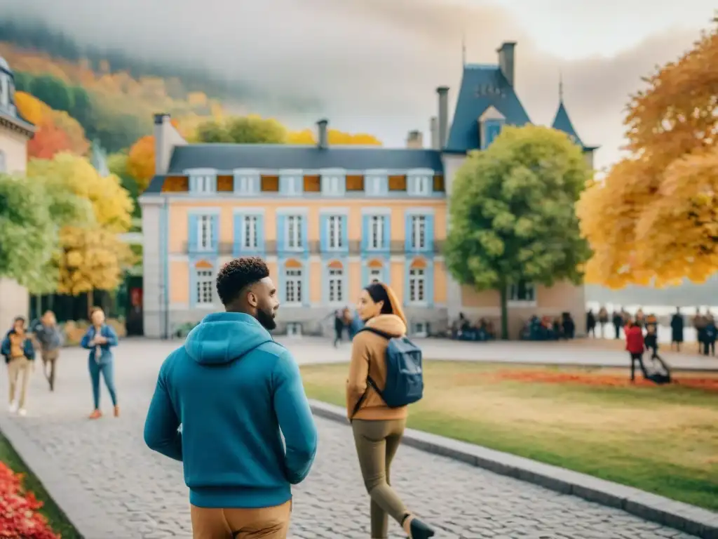 Un vibrante cuadro acuarela de estudiantes aprendiendo francés en Quebec, rodeados de colorido otoño y arquitectura francesa