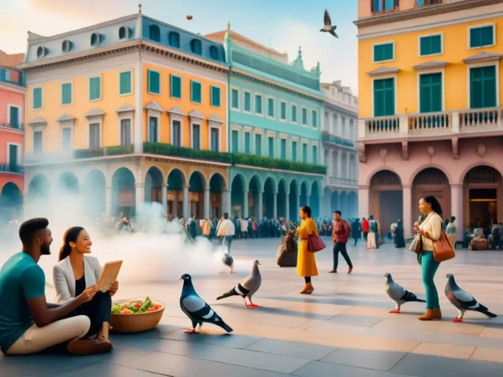 Un vibrante cuadro en acuarela detalla a un grupo diverso aprendiendo idiomas en una plaza, rodeados de cultura y conectividad mundial