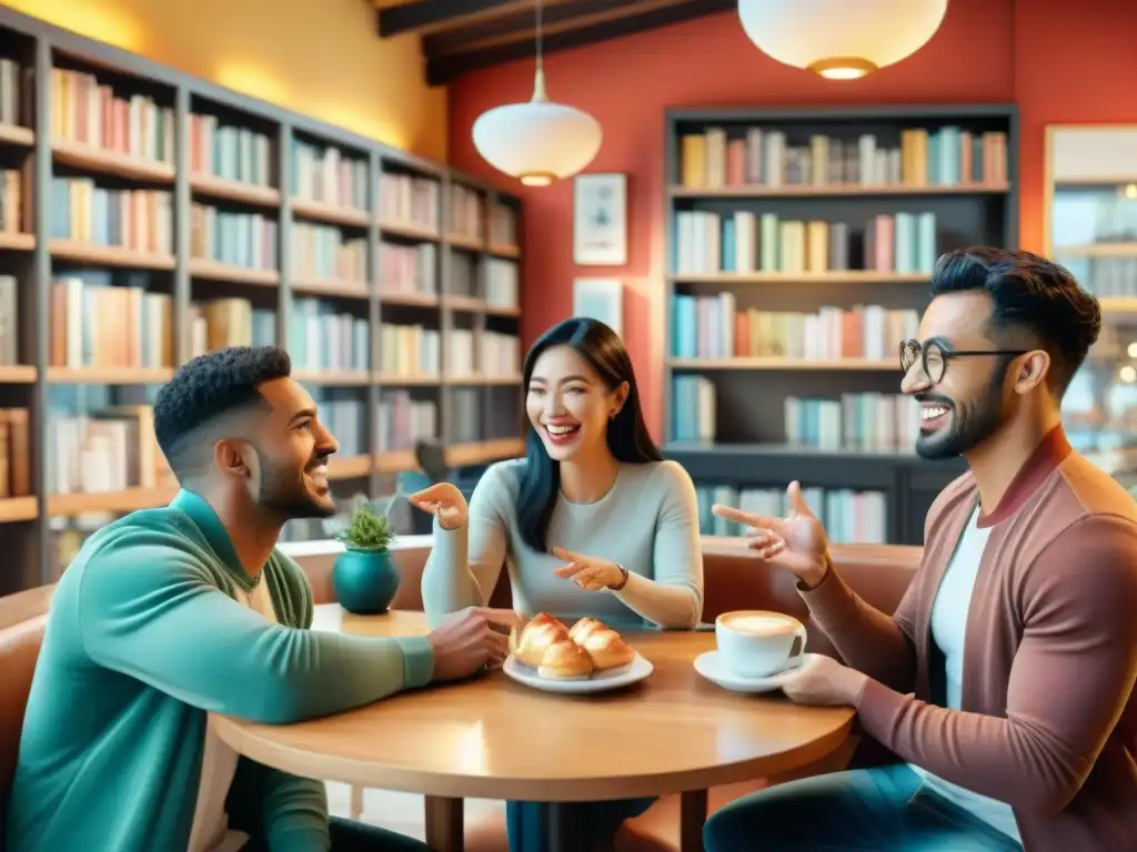 Un vibrante cuadro acuarela de un grupo variado conversando animadamente en un café, rodeados de libros y delicias