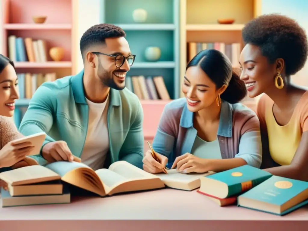 Un vibrante cuadro acuarela de personas diversas aprendiendo juntas, rodeadas de libros y símbolos culturales