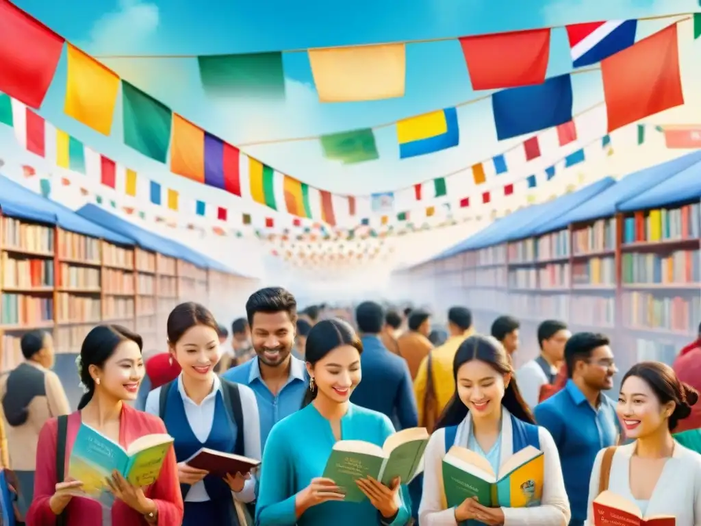 Un vibrante cuadro acuarela con personas diversas leyendo en idiomas minoritarios en una feria del libro internacional