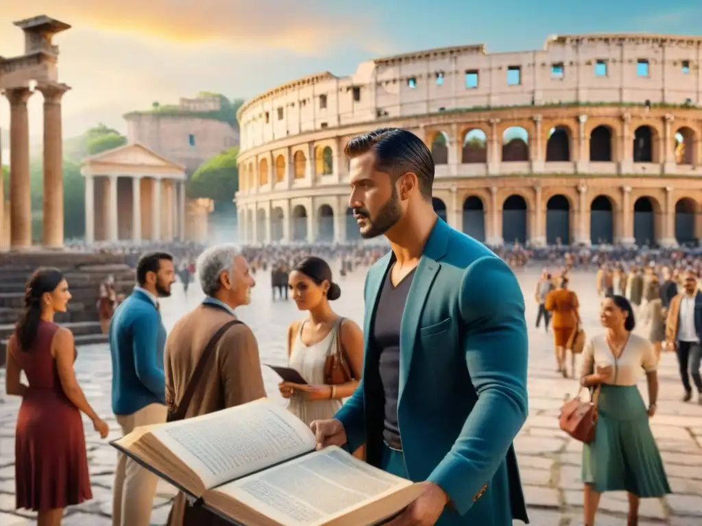 Un vibrante cuadro de una plaza de ciudad llena de gente diversa, estudiando textos latinos y abrazando la Importancia del Latín Clásico