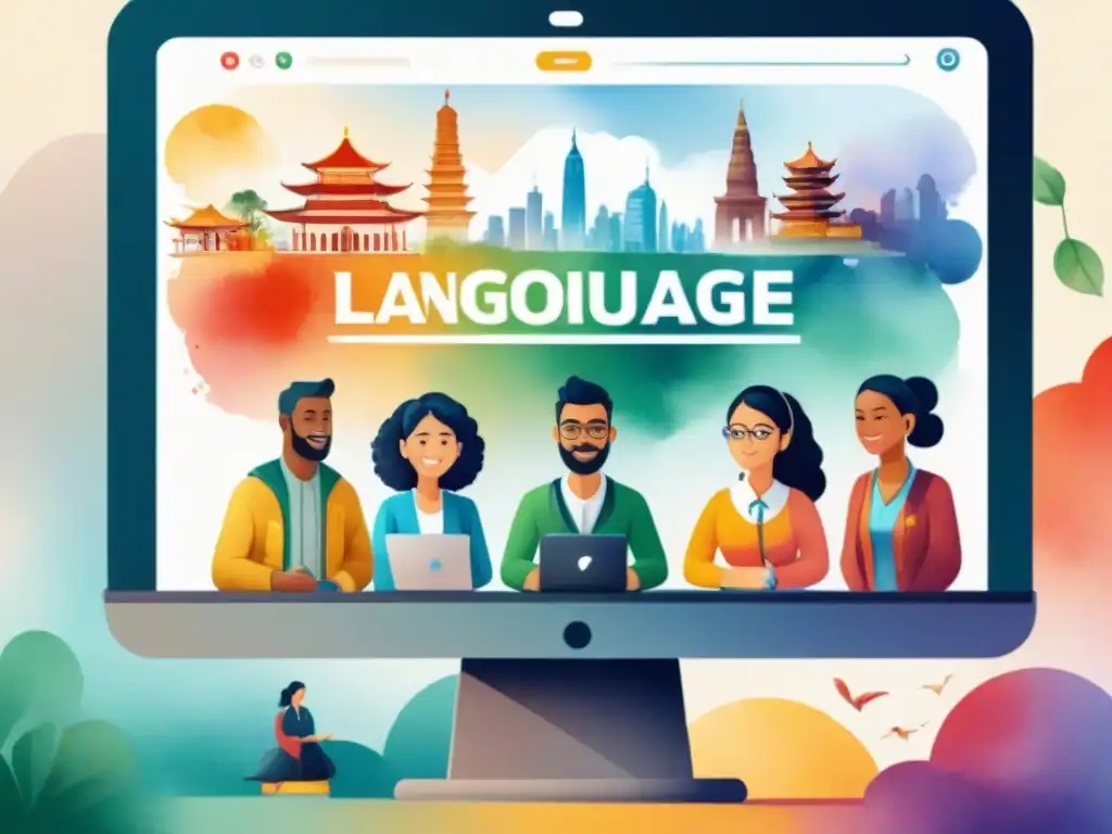 Un vibrante curso online de idiomas culturales con estudiantes diversos intercambiando saberes y culturas alrededor del mundo