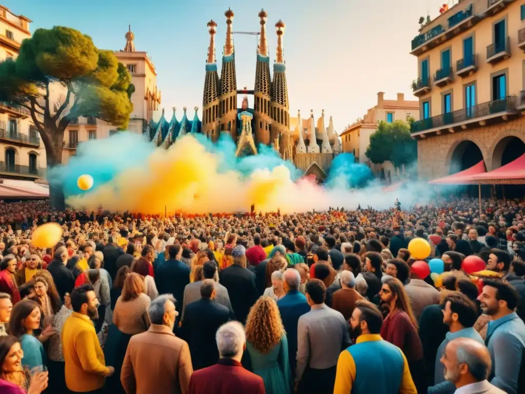 Un vibrante desfile en la festividad La Mercè en Barcelona, con figuras de papel maché, bailarines catalanes y la arquitectura icónica de la ciudad