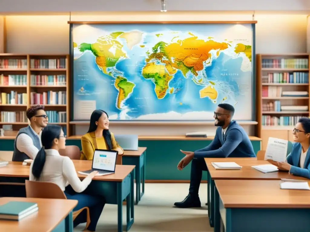 Vibrante discusión en un aula de inglés con estudiantes diversos expresando entusiasmo y determinación, rodeados de libros y un mapa mundial