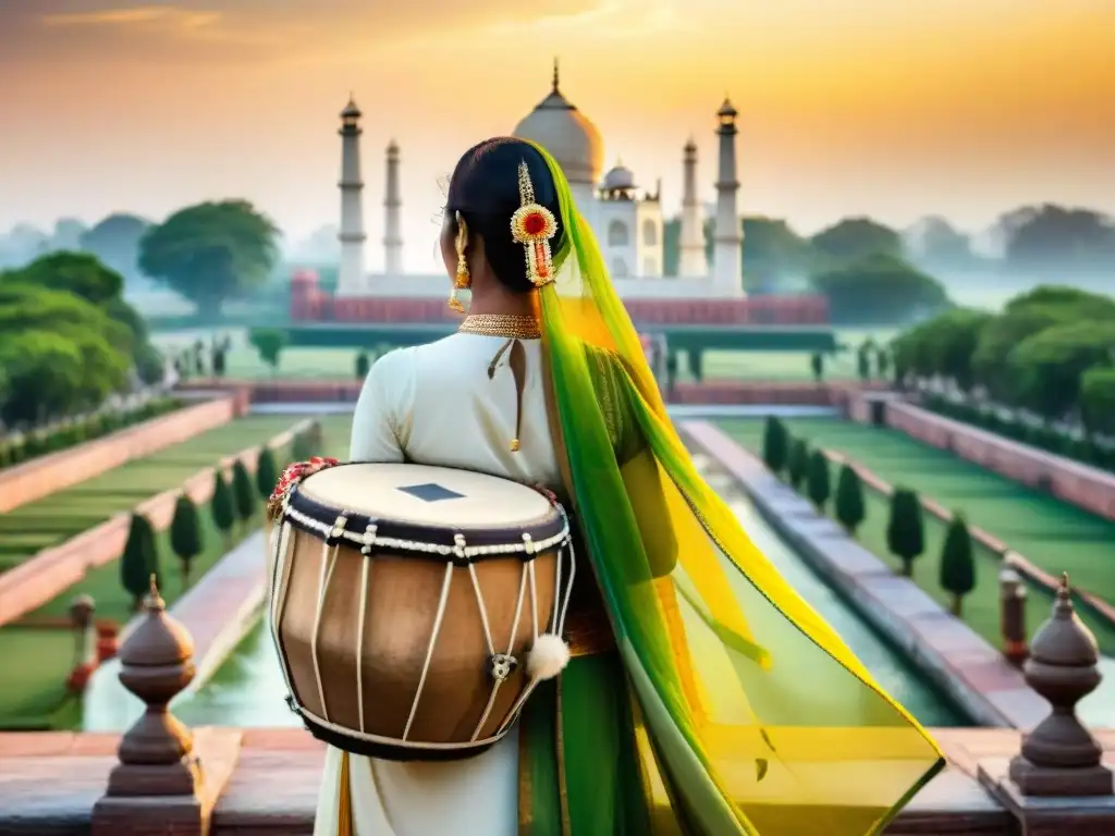Collage vibrante: íconos del cine indio en acuarela Una vibrante y diversa ilustración acuarela de elementos icónicos del cine en lenguas de la India: un tambor tabla, una máscara de baile Kathakali, una bobina de película de Bollywood y el Taj Mahal al atardecer, simbolizando la rica historia del cine indio