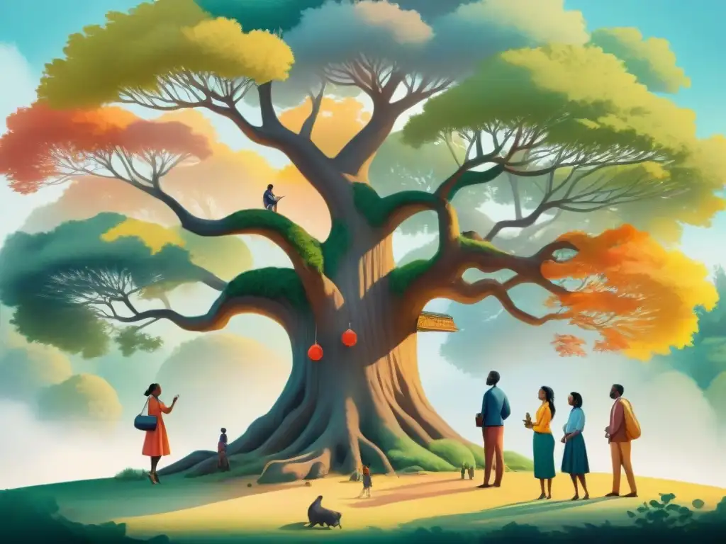 Vibrante ilustración acuarela de diversidad cultural bajo un árbol antiguo, simbolizando la preservación del patrimonio lingüístico