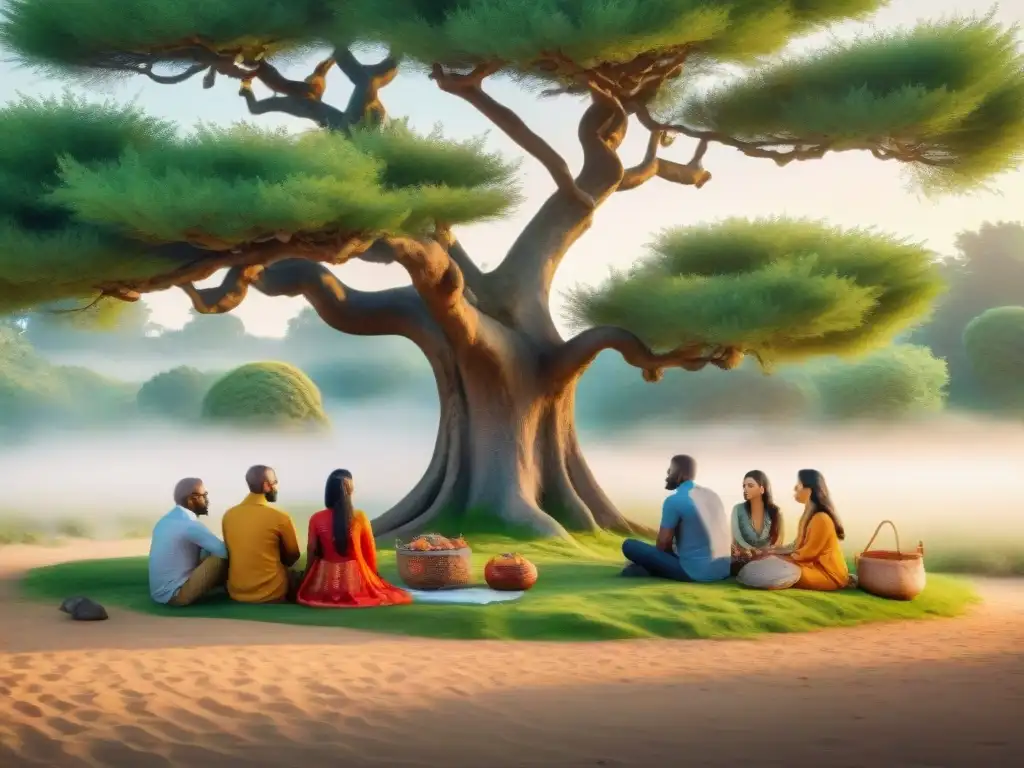 Una ilustración acuarela vibrante de diversidad cultural bajo un árbol, simbolizando la unidad y la comunicación efectiva en un entorno multicultural