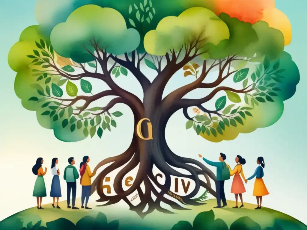 Ilustración acuarela vibrante de diversidad cultural alrededor de árbol antiguo con raíces que deletrean en lenguas en peligro