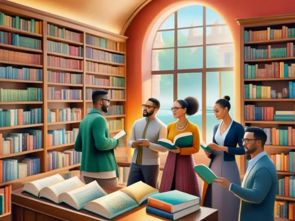 Una ilustración acuarela vibrante de diversidad cultural en una biblioteca acogedora