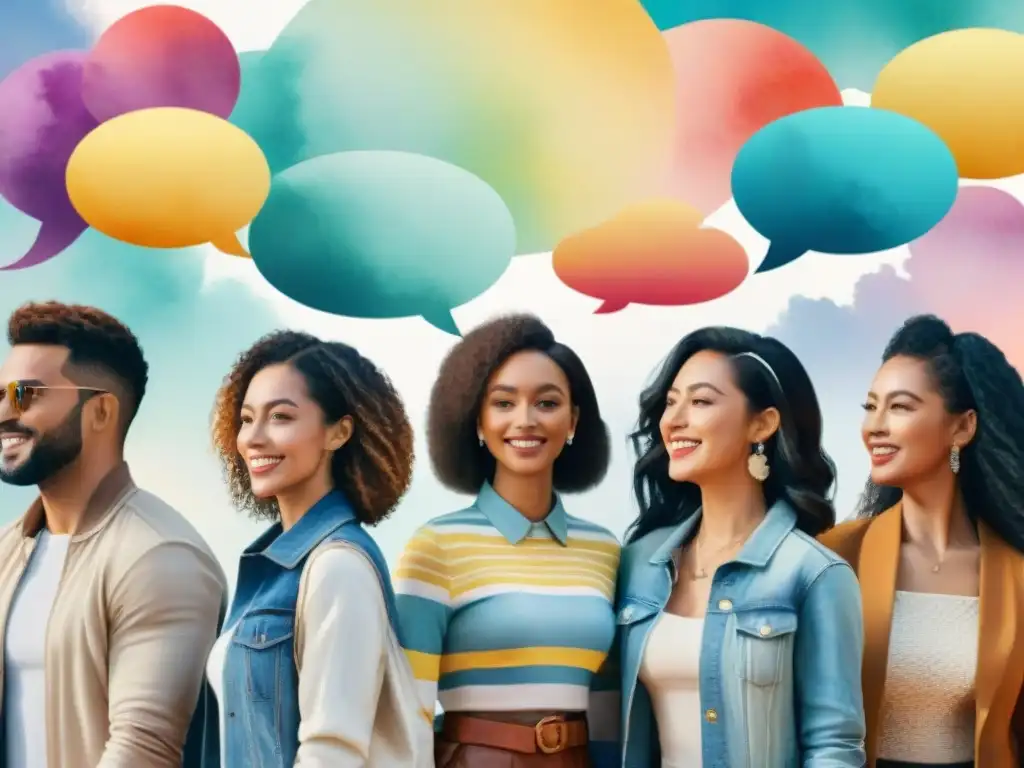 Una ilustración acuarela vibrante de diversidad cultural y lingüística