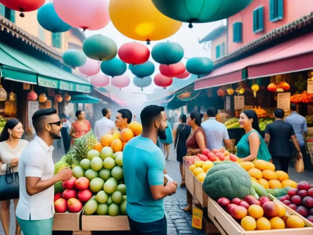 Vibrante ilustración acuarela de diversidad cultural y lingüística en bullicioso mercado, conectando dialectos