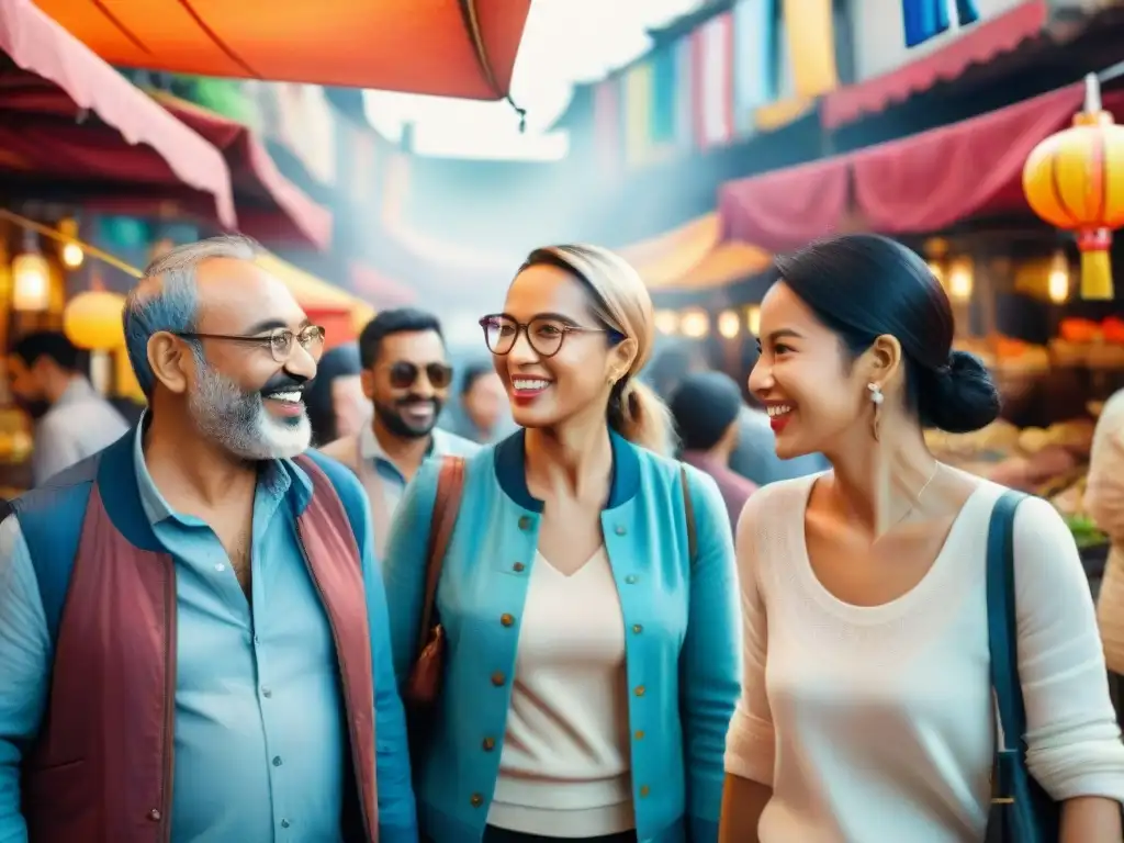 Vibrante ilustración acuarela de diversidad cultural en un mercado, resaltando la importancia de las lenguas minoritarias