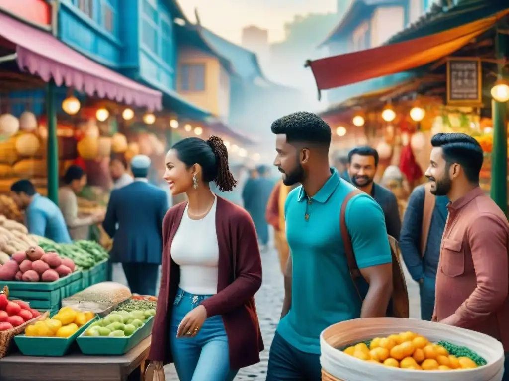 Vibrante ilustración acuarela de diversidad cultural en mercado