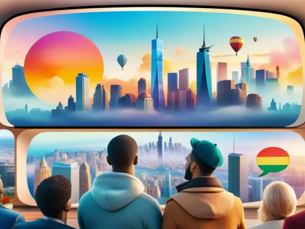 Un mundo de colores: diversidad lingüística en la televisión Ilustración acuarela vibrante sobre diversidad cultural y multilingüismo en medios
