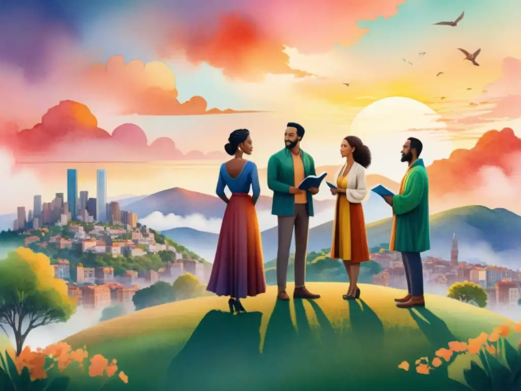 Una ilustración acuarela vibrante celebra la diversidad cultural con poetas recitando en un paisaje colorido