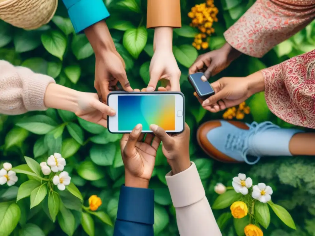 Conexión multicultural: diversidad unida por la tecnología Una ilustración acuarela vibrante de diversidad cultural y tecnología móvil, simbolizando la revitalización de lenguas