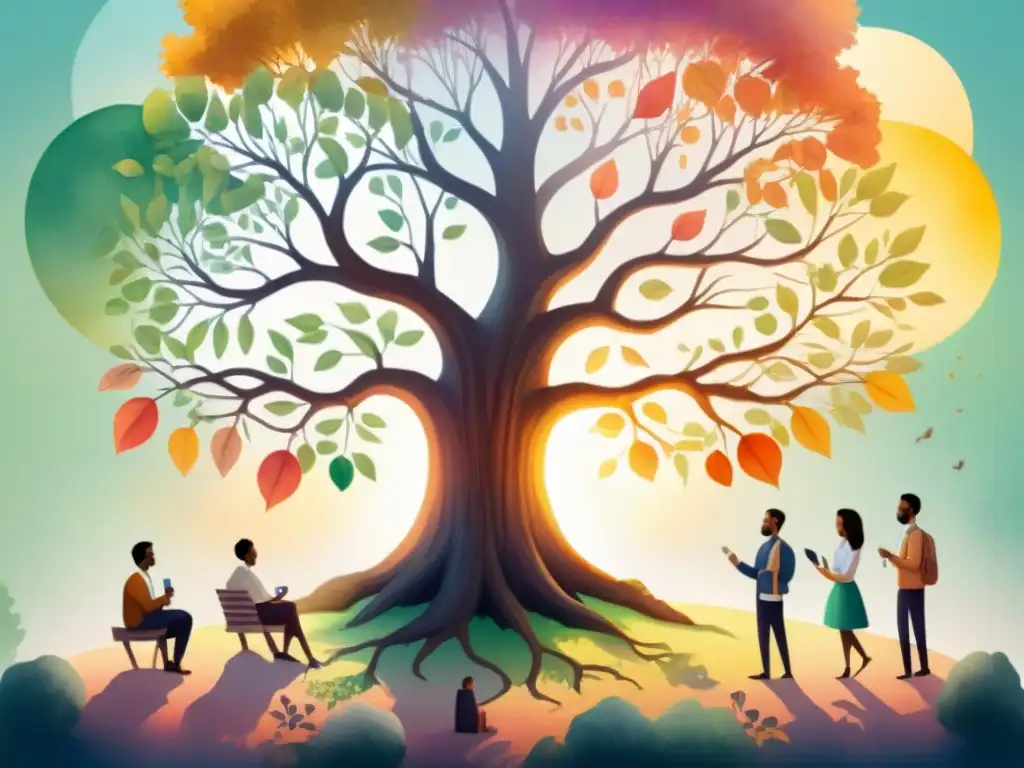 Una ilustración acuarela vibrante de diversidad de edades y etnias reunidas alrededor de un árbol antiguo