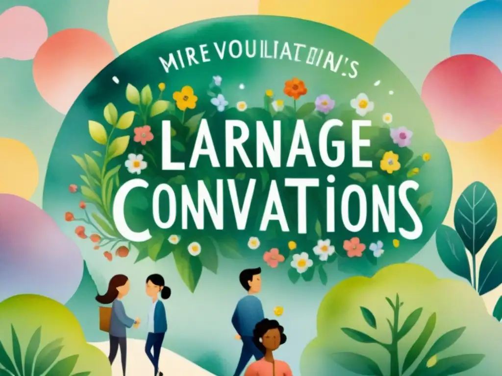 Vibrante ilustración de diversidad lingüística en un jardín de idiomas