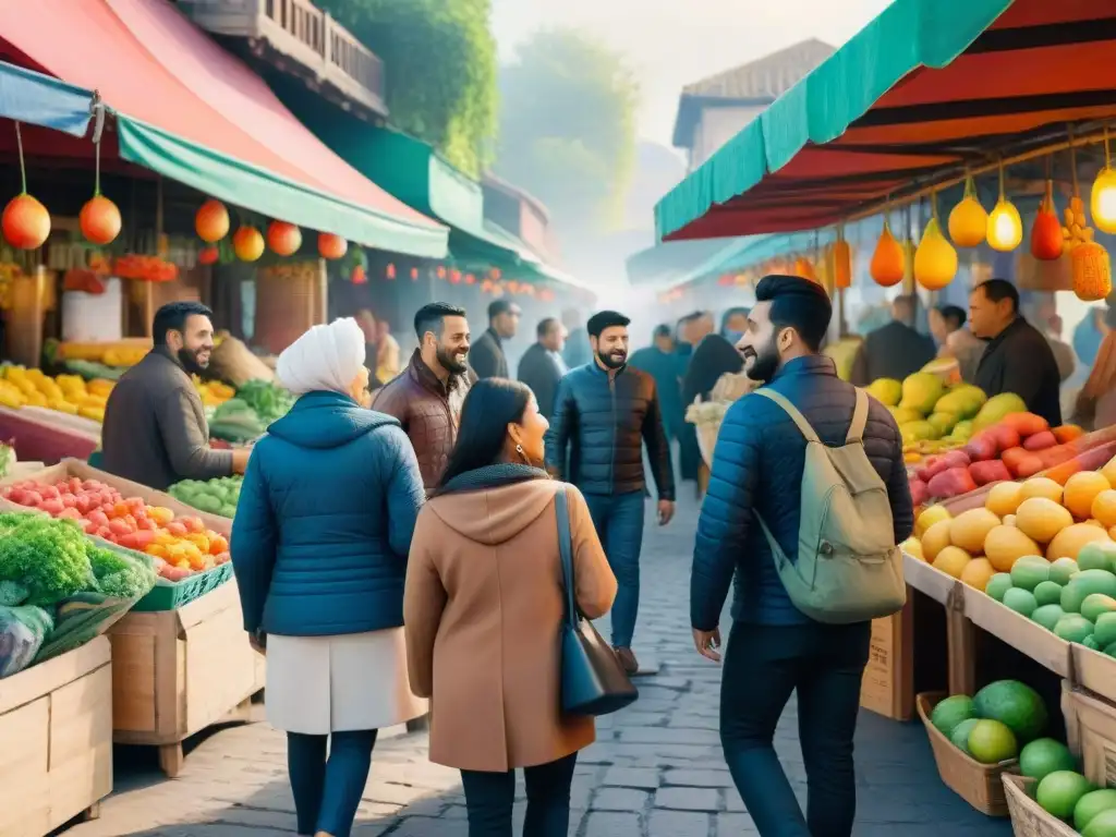 Vibrante ilustración acuarela de diversidad lingüística en mercado con mitos adquisición segundas lenguas verdad