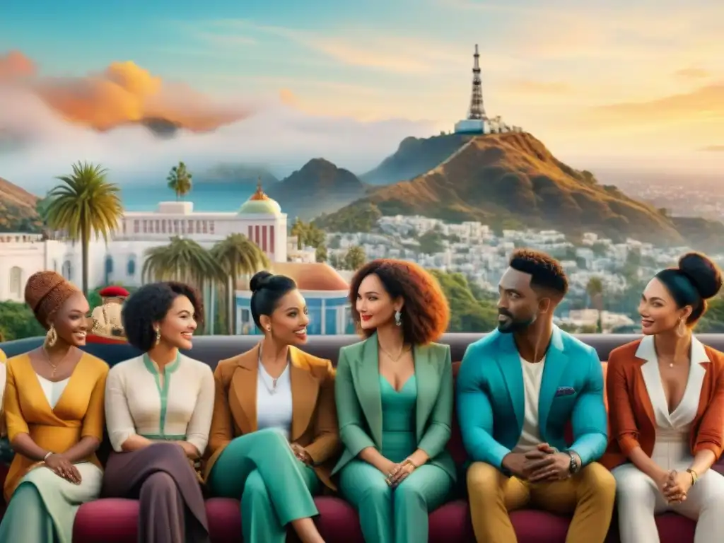 Un vibrante ilustración acuarela que muestra diversidad lingüística en Hollywood con personas de diferentes culturas intercambiando ideas