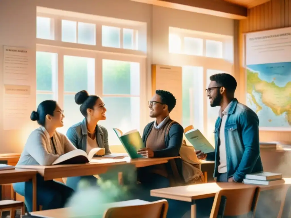 Vibrante discusión educativa entre estudiantes diversos en aula iluminada por el sol