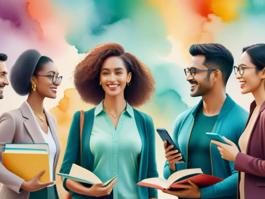 Conversaciones multilingües vibrantes en un mundo diverso Un vibrante encuentro multilingüe: diversas personas conversan en múltiples idiomas rodeadas de libros y tecnología