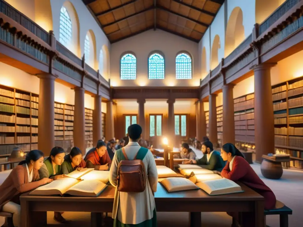 Vibrante escena de aprendizaje interdisciplinario en lenguas y culturas antiguas en una biblioteca llena de textos y artefactos