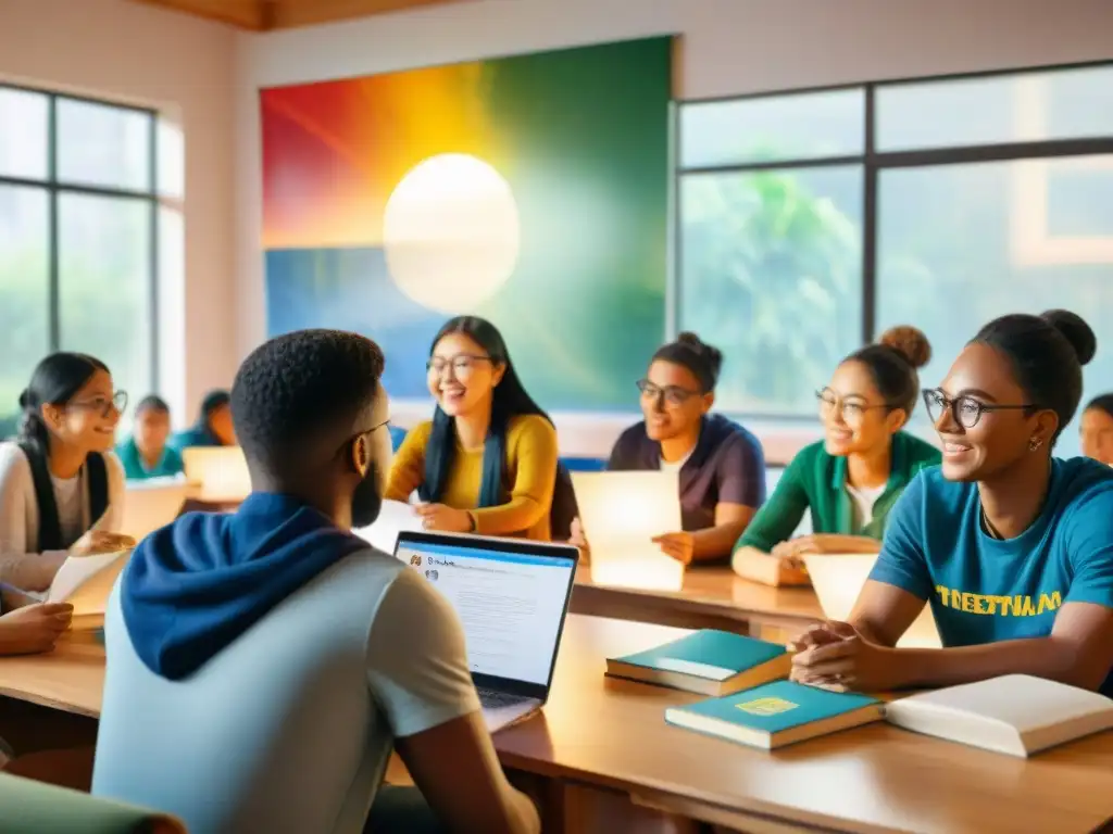 Una vibrante escena de aprendizaje lingüístico con estudiantes inmersos en libros y tecnología blockchain en educación lingüística