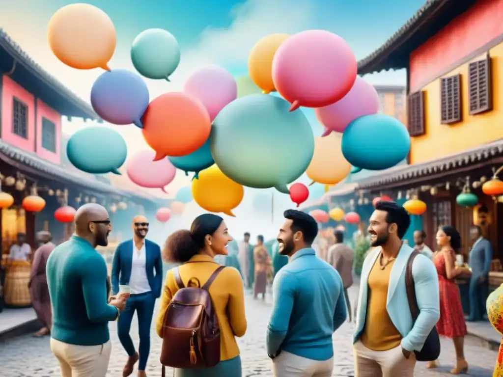 Vibrante escena de diversidad lingüística en un mercado, con personas de diferentes culturas dialogando en distintos idiomas