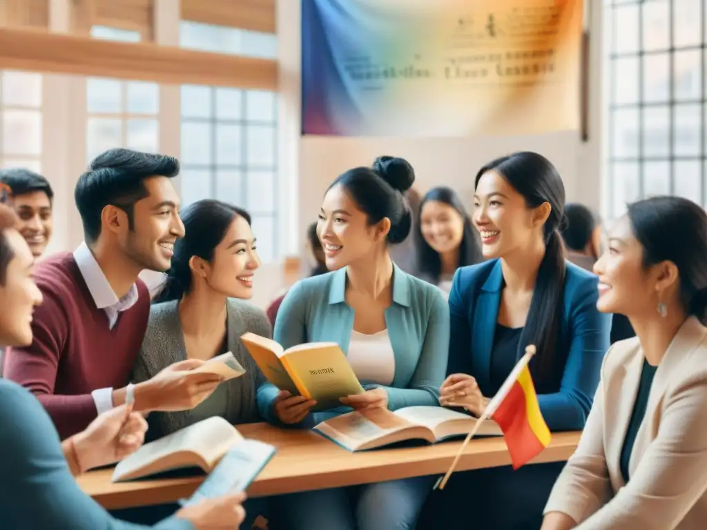 Vibrante escena de una escuela de idiomas europea, con estudiantes de diversas edades y etnias participando en competencia en el Marco Común Europeo